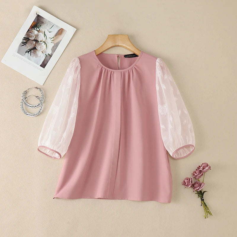 ZANZEA Sophisticated Elegant Floral Fil Coupe Patchwork 3/4 Sleeve Blouses Women Gathered O-Neck Top Solid Color Blusas de Mujer