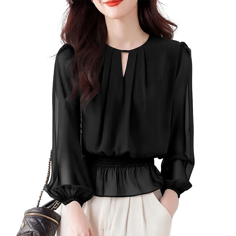 ZANZEA Women Chiffon Sheer Blouses Elegant O-Neck Puff Sleeve Shirred Waist Ruffled Hem Tops Summer Commute Blusas de Mujer