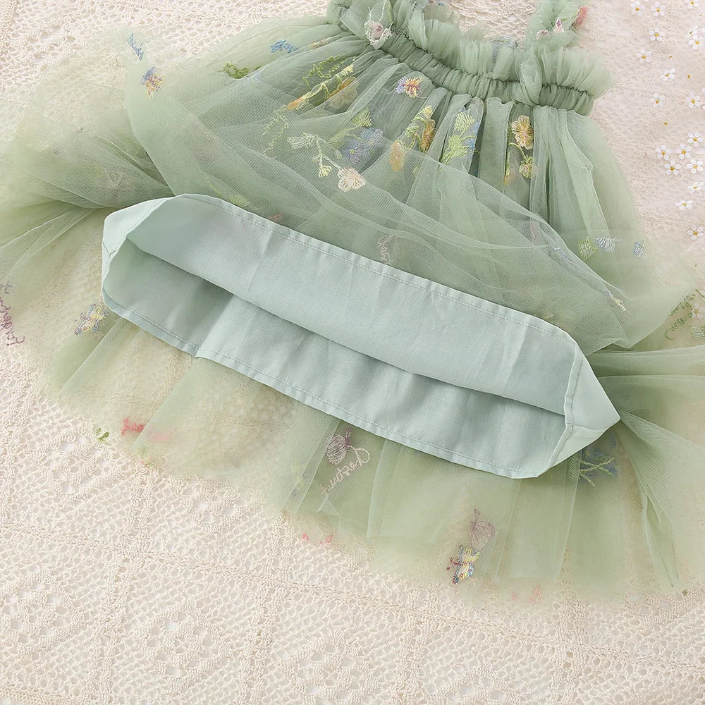 Summer New Girls Dress Halter Mesh Pleated Flower Embroidery Sweet Princess Dress Birthday Party Dress (0-3 Years Old Girls)