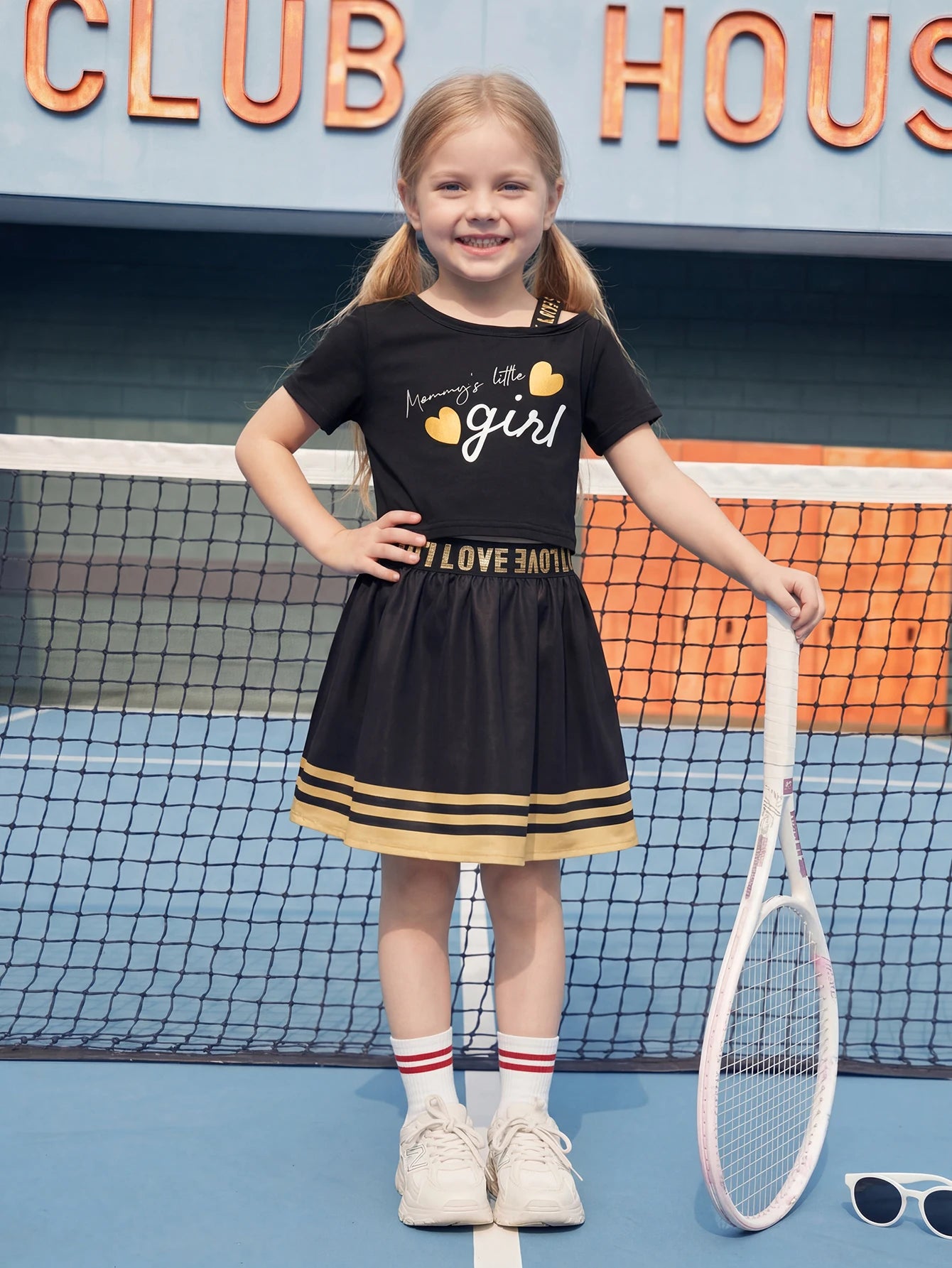 2pcs Girls' Elastic Strap Short Sleeve + Sports Skirt Set Spring Summer Casual Wear Fashionable Girls' Outfit