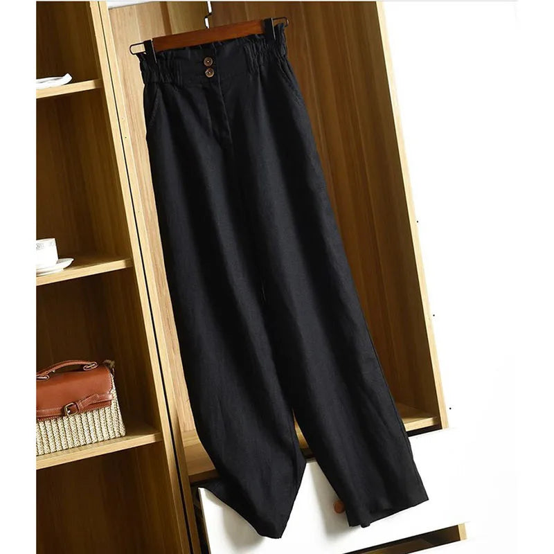 Summer Thin High Waisted Flax Wide Leg Pants Female Solid Color Flower Bud Waist Straight Leg Trousers Lady Cotton Linen Pant