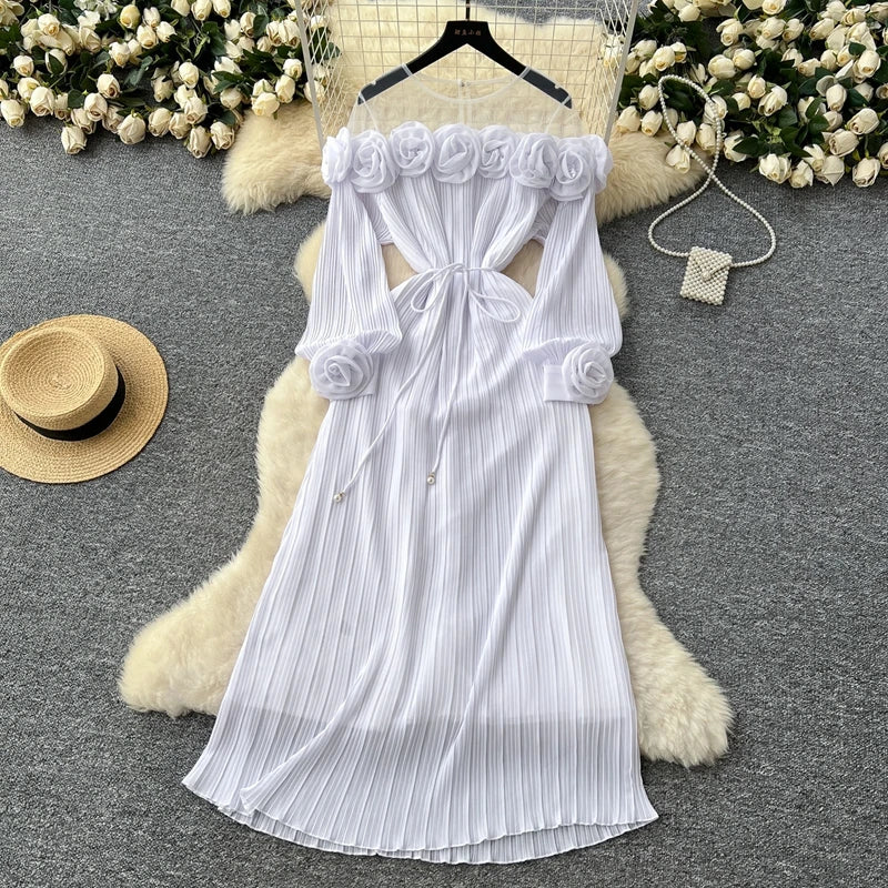 2025 New Fashion Heavy Industry Three Dimensional Flower Perspective Mesh Splicing Long Sleeve Waist Folding Dress for Women
