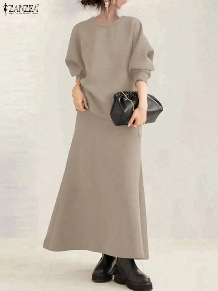 ZANZEA Women Autumn Pullover Sweatshirt and Elastic Waist A-Line Midi Skirt 2 Pieces Dress Sets Cozy Casual Solid Suits Outfits