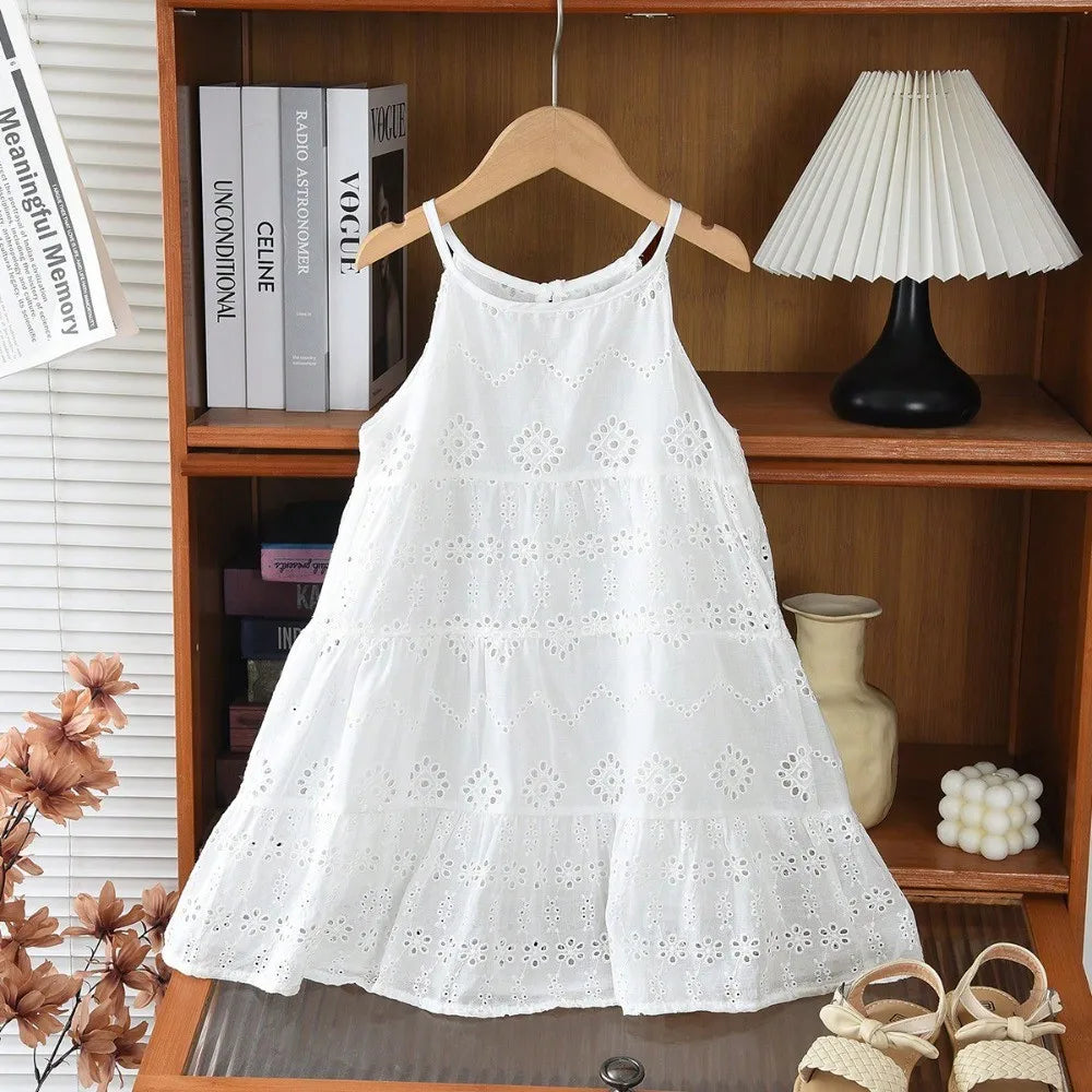 2026 Kids Clothing Korean Dress for Girls Solid Color Lace Hollow-out Suspenders Dresses Plain Cotton Girls Summer Clothes