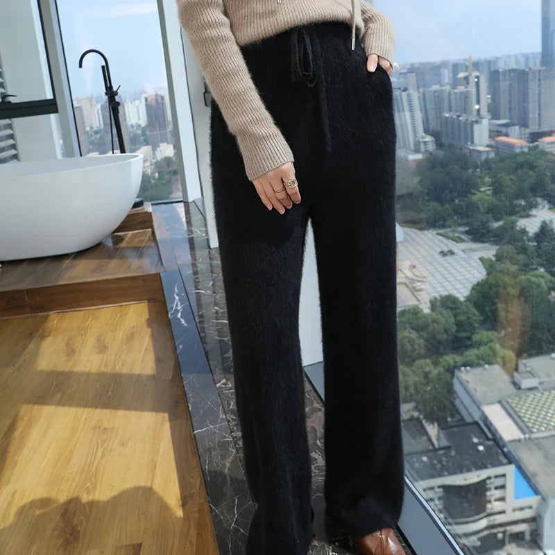 100% Pure Mink Cashmere Knit Wide-Leg Pants Women's Elastic Waist Loose Straight Trousers Leisure Thick Drawstring Mopping Pants