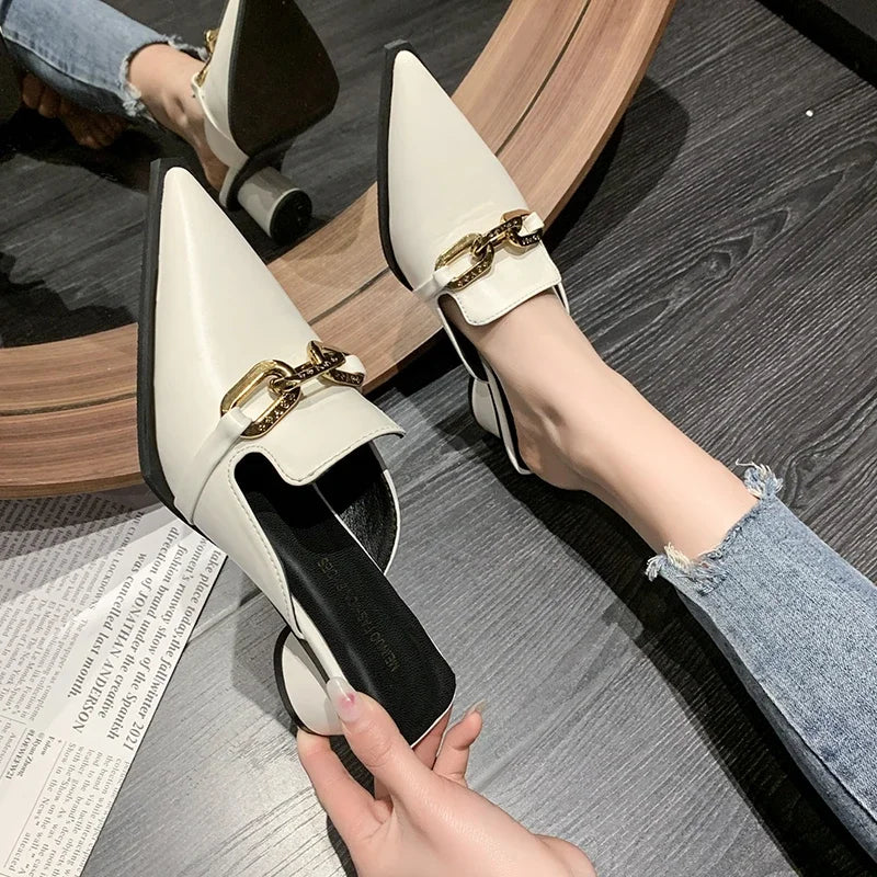 New Summer Luxury Women Black High Heels Slippers Close Toe Block Heels Mules Designer Slip on Loafers Slides Party Shoes