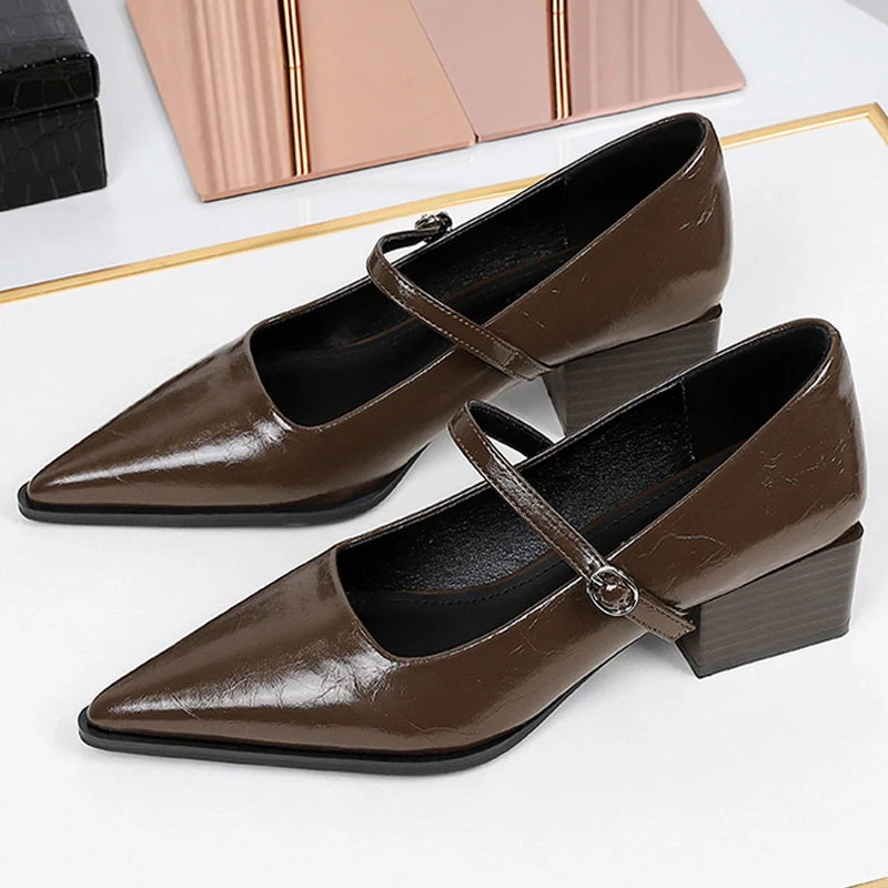 Quality PU Leather Shoes Women Pumps Pointed Tip Mid Heel Women Shoes Chunky Heel Ladies Shoes Buckle Career OL Office Shoes