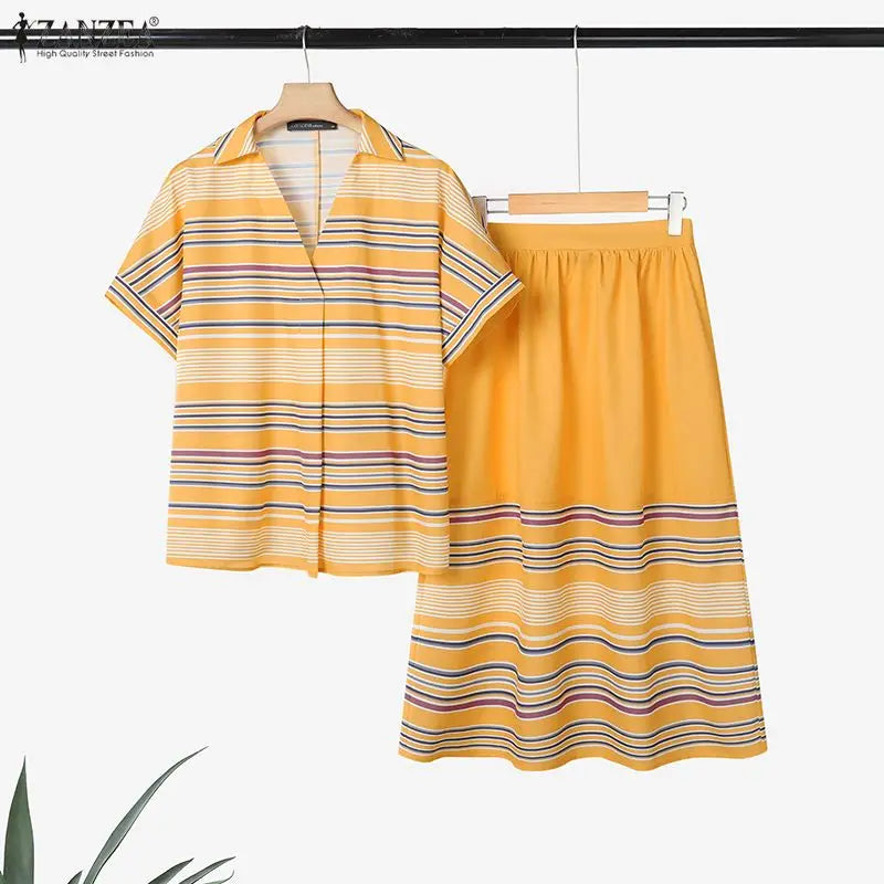 Summer ZANZEA Women Dress Sets Fashion Stripe 2PCS Two-piece Outfits Short Sleeve Thin Tops Long Skirts OL Work Streetwear 3XL