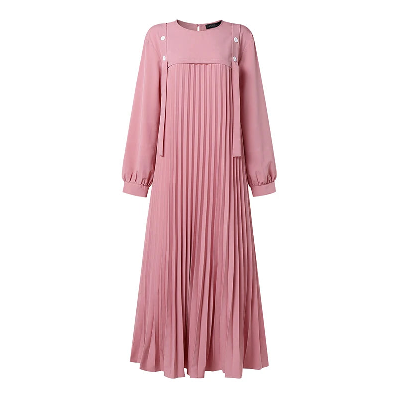 ZANZEA Muslim Women Patchwork Maxi Dress Ramadan Abaya Elegant O Neck Long Sleeve Pleated Sundress Robe Femme Casual Kaftan 2026