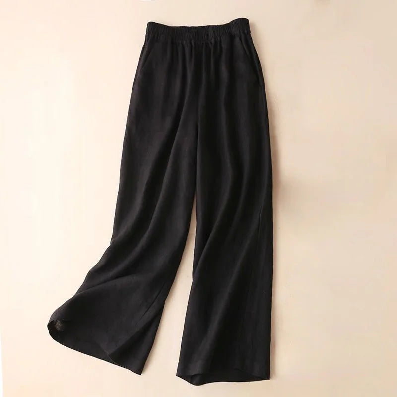 Women Cotton Linen Wide Leg Pants Female Summer Pants Full Length Casual Pants Fashion Solid Loose High Waist Straight Trousers