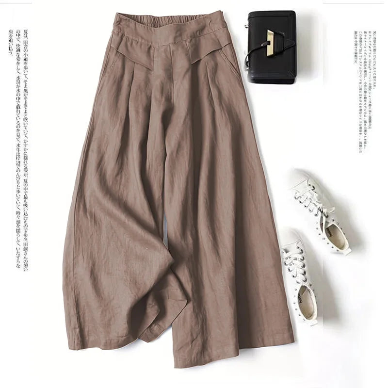 Y2K Lady Nine-point Pants Mid-rise Cotton Linen Wide-leg Large Size Trousers Loose Casual Commuting Daily Wear Tights Sweatpants