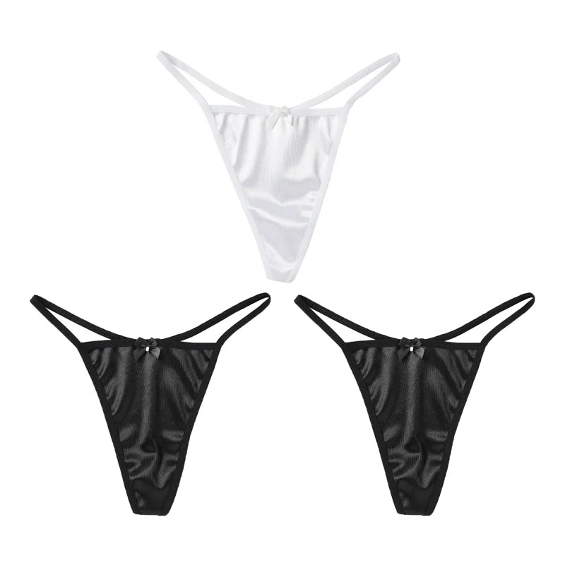 1/3Pcs Women Satin Thong Underwear Sexy Low Waist Bow G-string Cotton Crotch T-back Panties M-2XL