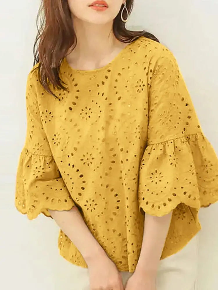ZANZEA 3/4 Ruffle Sleeve Loose Blusa Women Hollow Out Lace Patchwork Solid Color Tops Everyday 2024 Summer Casual Elegant Blouse
