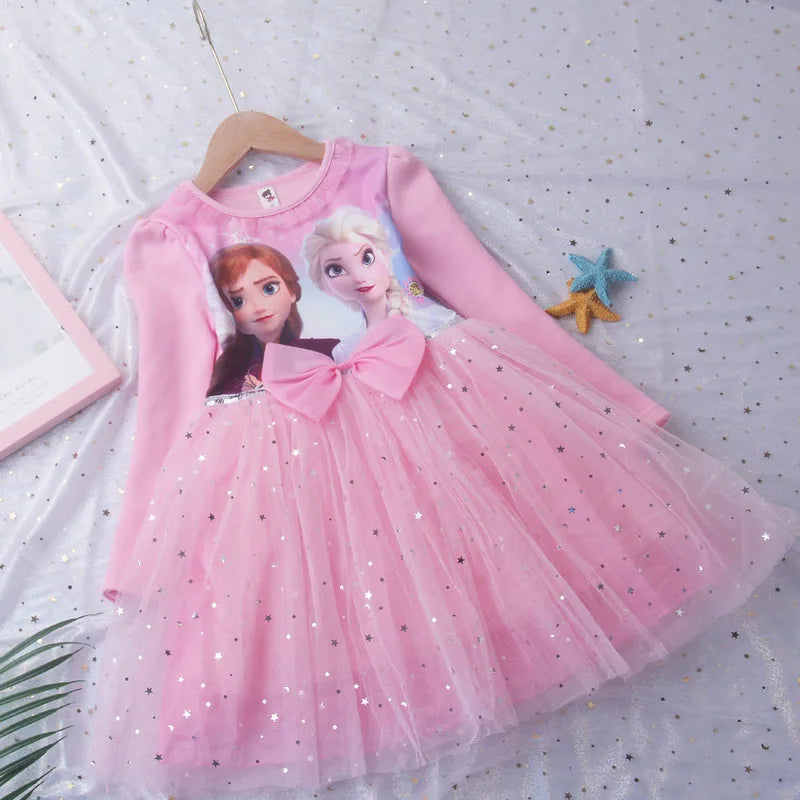 2026 New Snow Queen Dress for Girls Long Sleeve Cotton Lining Puffy Tulle Tutu Princess Gown Kids Birthday Party Clothes Blue