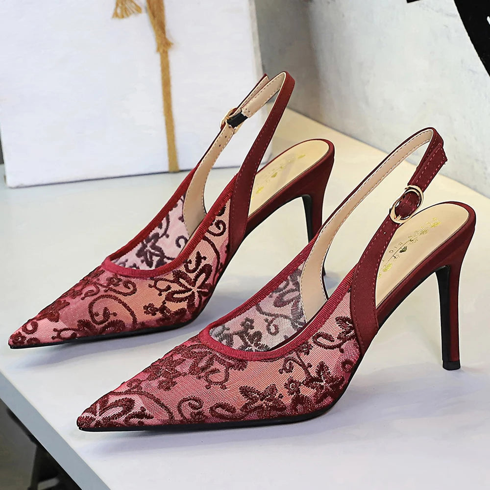 BIGTREE Shoes Lace Mesh Sandals For Women Wearing Heels Ladies Shoes Summer High-heeled Sandals Women Pumps Sexy Party Shoes