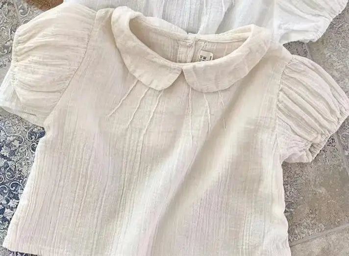 2025 Summer New Baby Girl Solid Puff Sleeve Shirts Cotton Infant Short Sleeve T Shirts Toddler Casual Lapel Shirts Kids Clothes