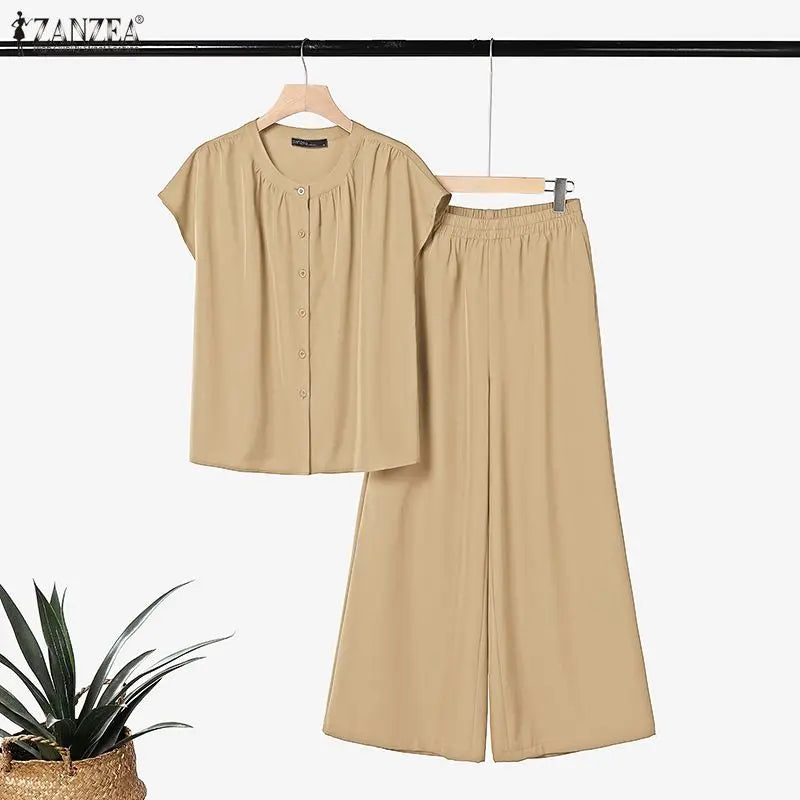 ZANZEA Women Minimalist Casual 2-Piece Sets Cap Sleeves O-Neck Shirt & Wide Leg Pant Matching Sets Summer Solid Commute Co-ords