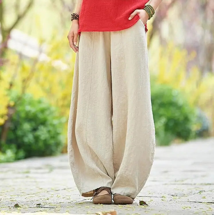 2024 Cotton Linen Bloomers Wide Leg Pants Women Vintage Full Length Fashion Elegent Pants Solid Elasitic Waist Spring Autumn 5XL
