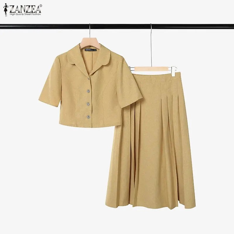 Elegant Women OL Work Dress Sets 2026 ZANZEA Summer Outfits Lapel Short Sleeve Cropped Blouse Pleated Skirt Suit 2 Pieces Sets