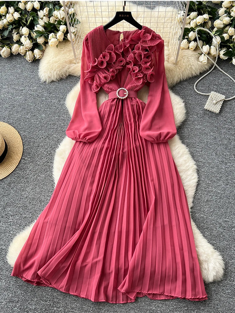 2026 Spring Autumn Fashion Elegant Dress for Women New French Mushroom Edge Crimping Loose Chiffon Long Sleeve Long Dress C141