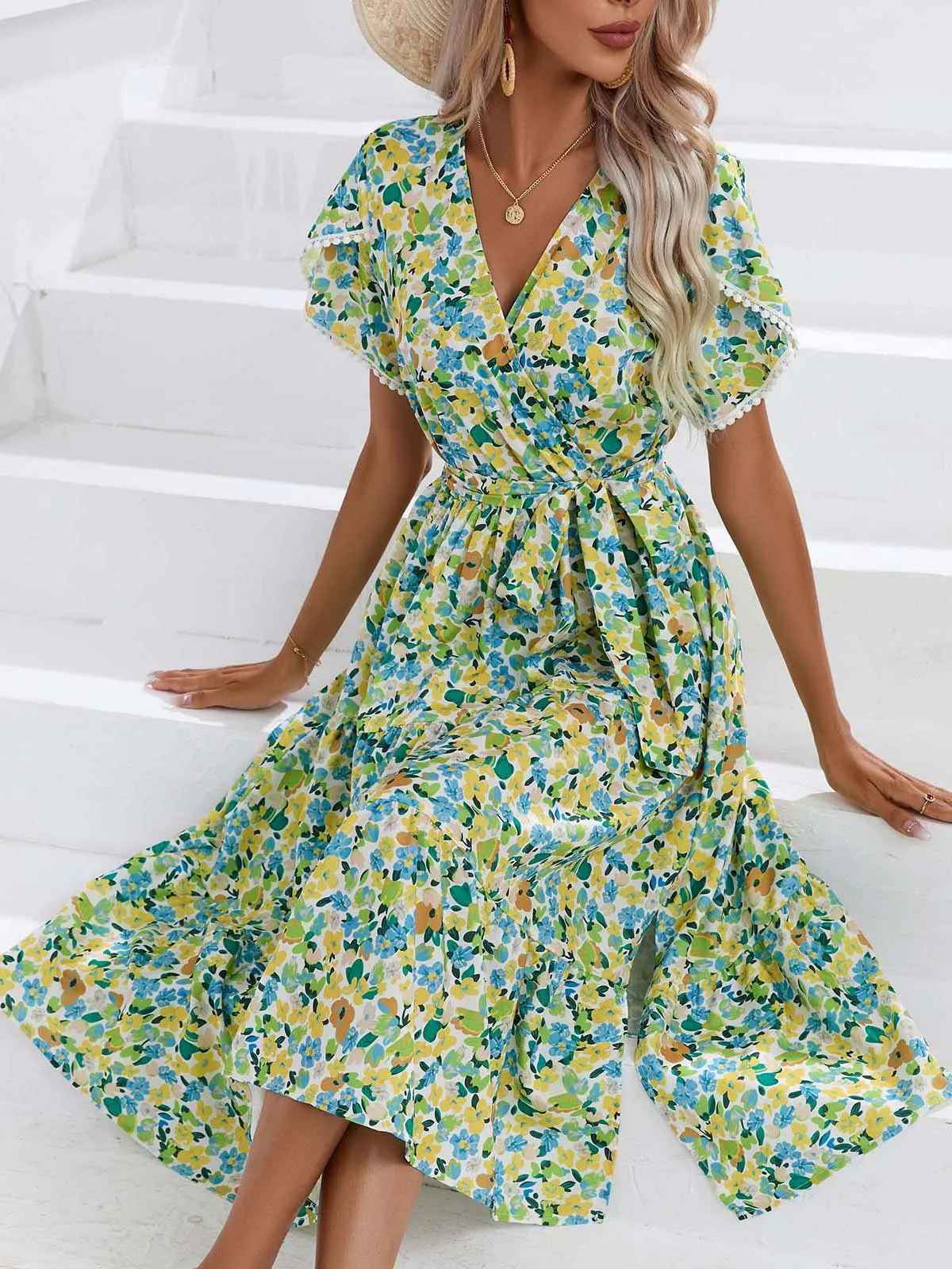 Women's Retro Floral Lace-up Short Sleeves Dresses 2025 Summer New Casual Vacation Ladies Lace V-neck Slit A-line Midi Dress