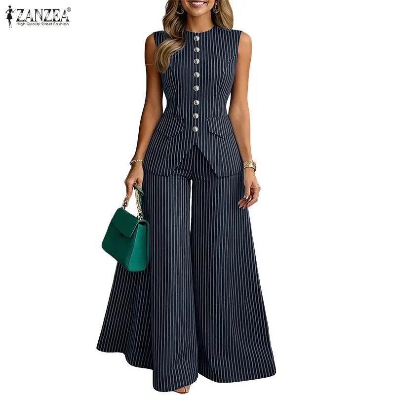 ZANZEA Women's Elegant Pant Suits Striped Sleeveless Vest Tops & Wide Leg Pant 2 Pieces Sets Office Fashion Commuting Outfits