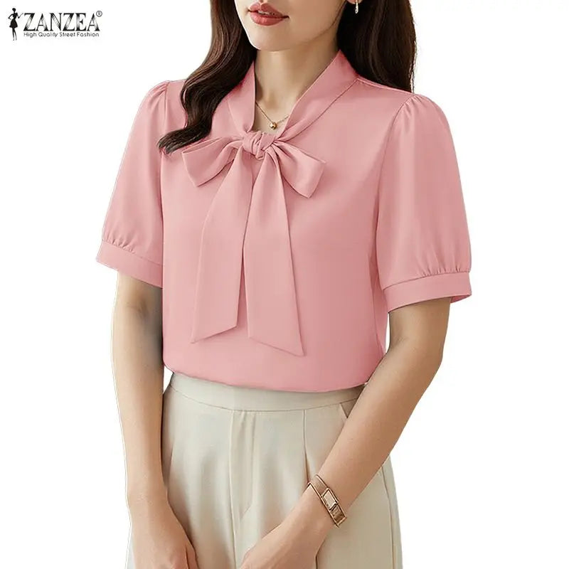 ZANZEA Woman Elegant Minimalist Blouses Bow Tie Neck Half Puff Sleeve Solid Color Tops 2026 Summer Casual Day Blusas de Mujer