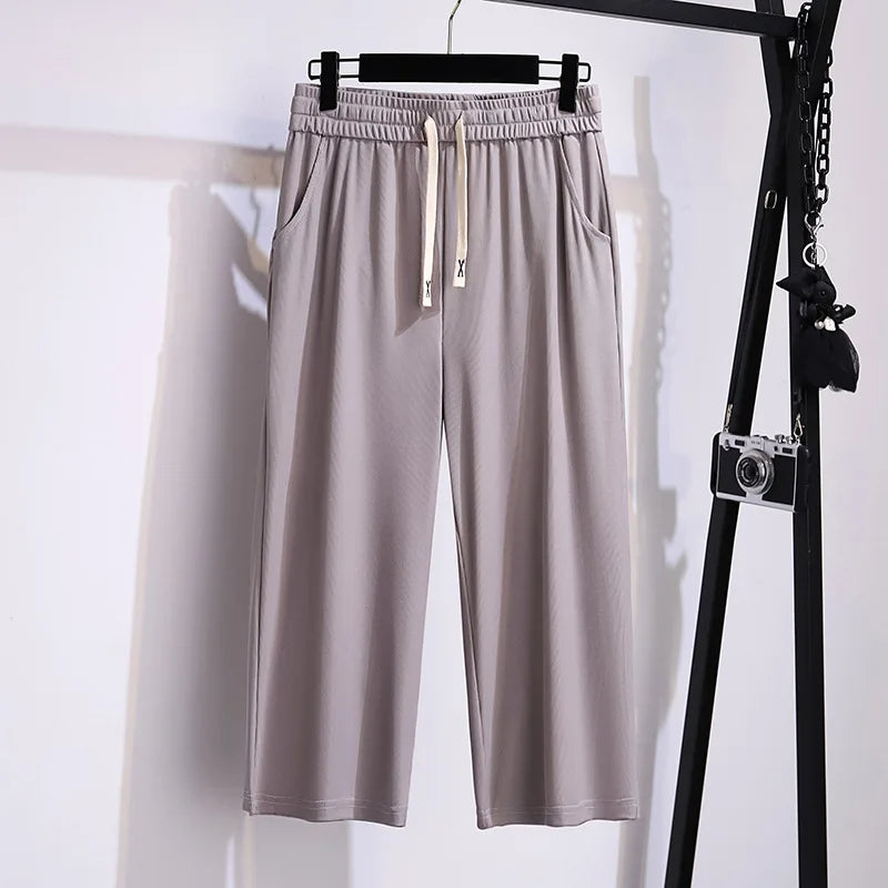 155Kg Plus Size Women's Summer Loose Straight High-Waisted Ice Silk Cropped Pants Hip 150 5XL 6XL 7XL 8XL 9XL 4Colors
