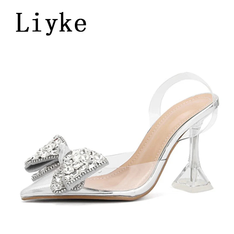Liyke 2026 New Silver Crystal Bowknot Women Pumps High Heels Transparent Sandals Sexy Pointed Toe Wedding Banquet Shoes Size 41