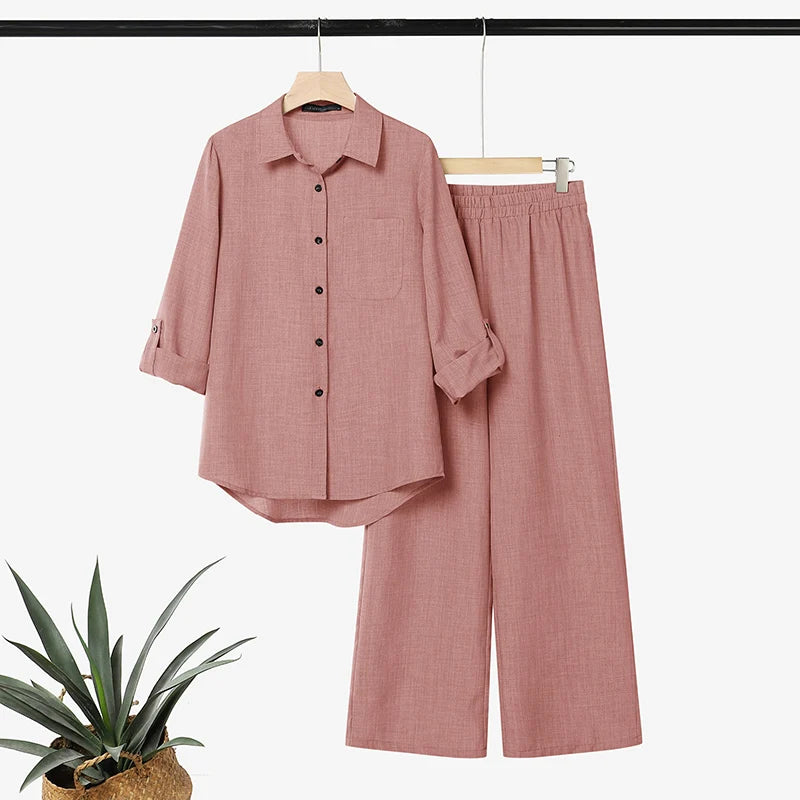 2026 Autumn Office Outfits ZANZEA Women Lapel Neck Long Sleeve Tops Pant Sets Casual Solid Color OL Work Tracksuit 2 Pieces Sets