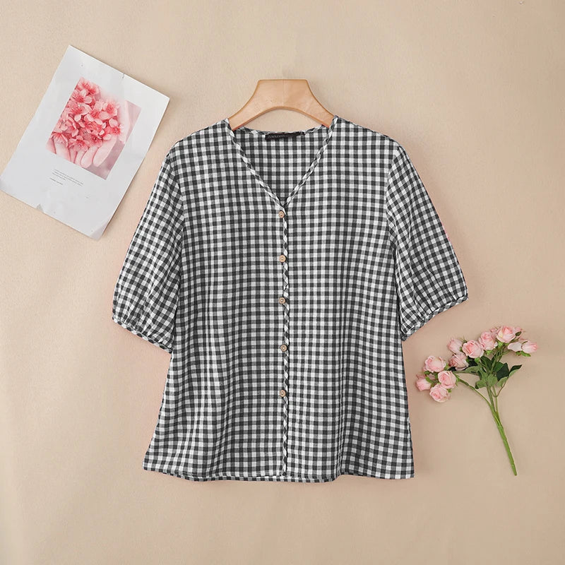 ZANZEA Women Loose Gingham Shirts Vintage Half Puff Sleeve V-Neck Button Up Tops Summer Daily Casual Plaid Blusas de Mujer