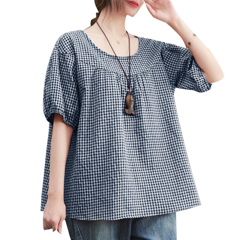 ZANZEA Summer Vintage Women Casual Loose Shirt Baggy Plaid Checked Tops Tunic Fashion O Neck Short Sleeve Blouse Blusas Chemise