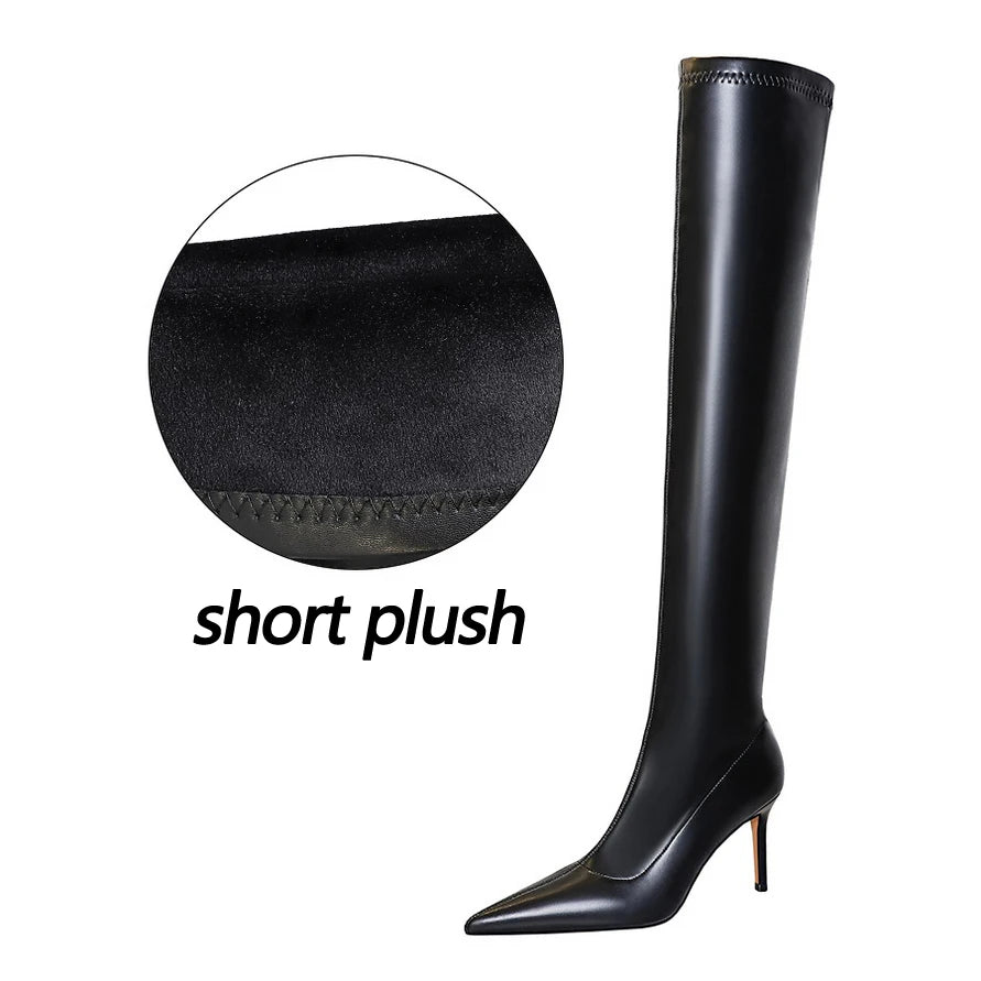 Sexy Over-the-Knee Boots Women Shoes Pointed Long Boots Plush Warm Winter Boots High Heeled Leather Boots Stiletto Heels 8.5 cm