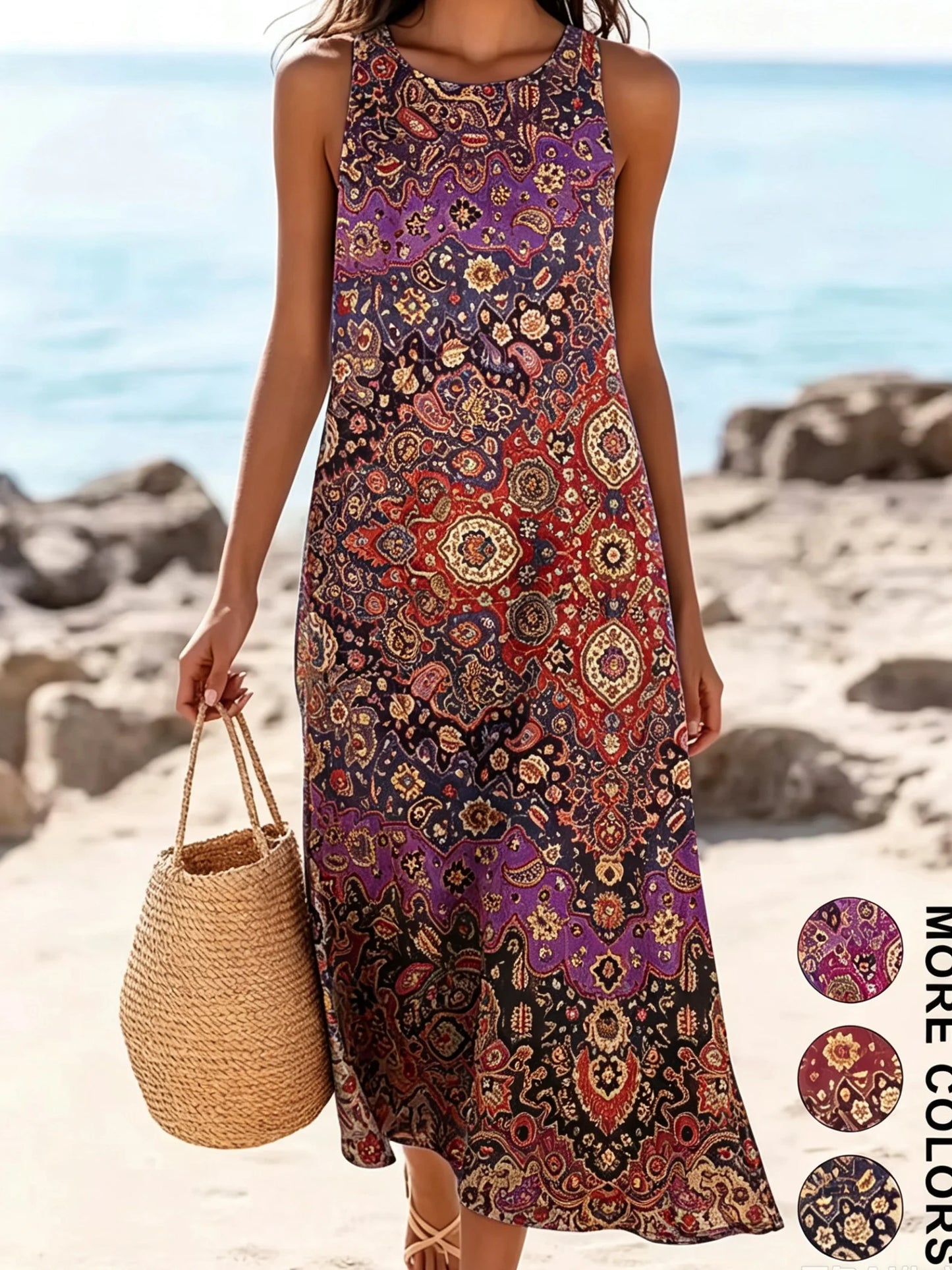 2026 Women's Sleeveless Bohemian Floral Casual Beach MIDI Sundress With Pockets Flowing and Loose Sweetheart Rustic Country