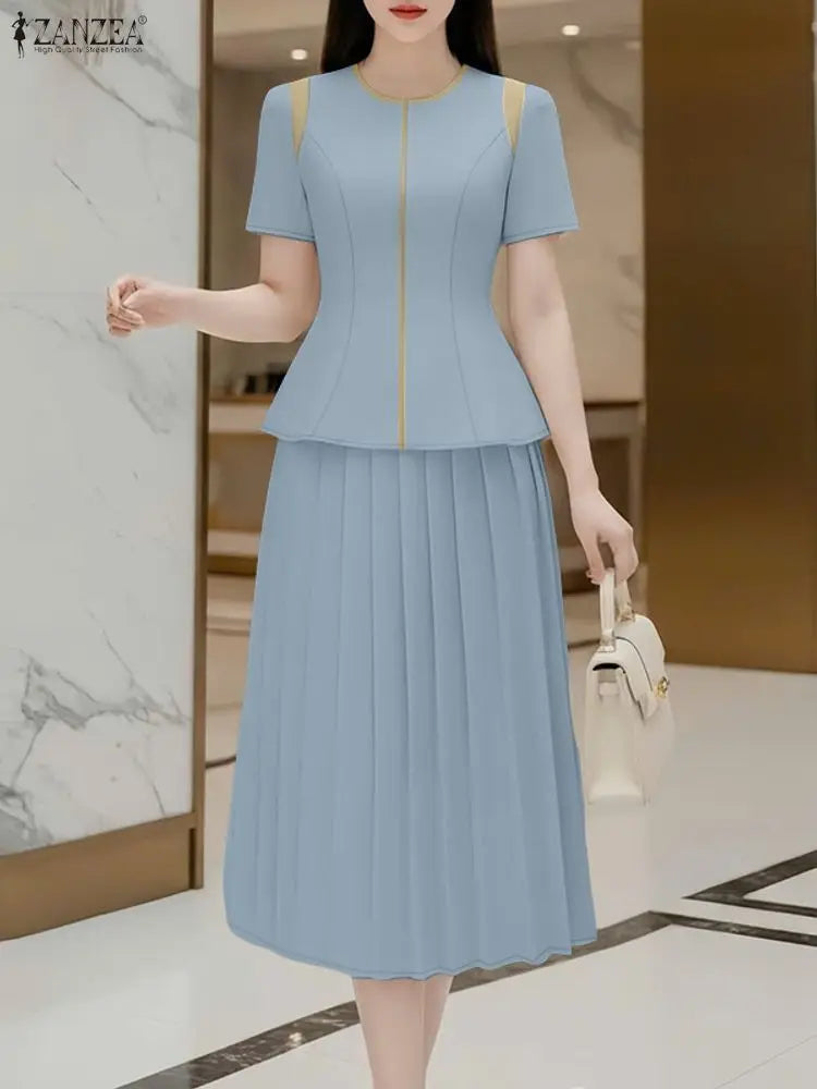 Elegant Summer OL Work Dress Sets 2026 ZANZEA Office Women 2 Piece Sets Short Sleeve Blouse Pleated Skirt Suit Patchwork Outfits