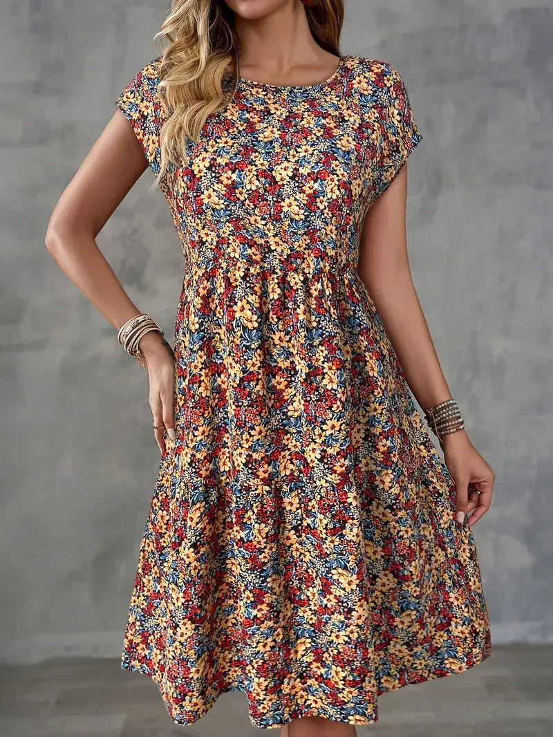 Women's Summer Floral Print Short-Sleeved Round Neck Dress, Casual Loose Vacation Style Dress
