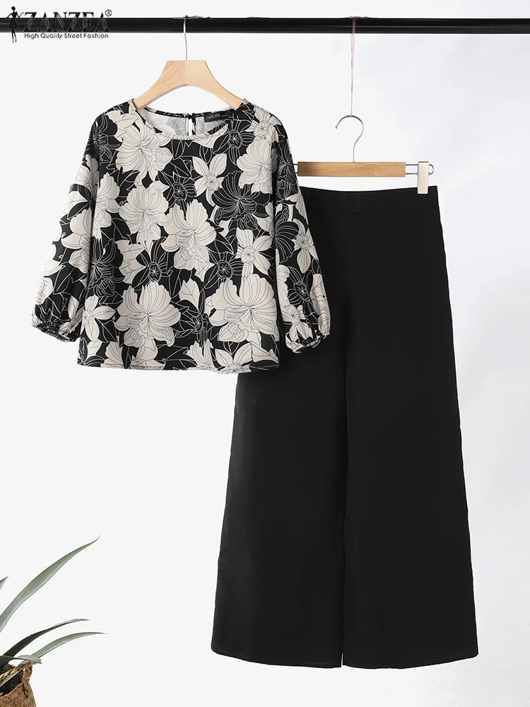 Summer Printed Tracksuits Bohemain Trousers Suit 2024 ZANZEA Women 3/4 Sleeve Blouse Wide Leg Pants Sets Vintage Matching Sets
