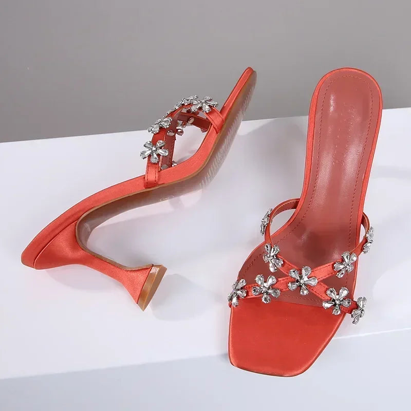 Shiny Crystal Flowers Decorative Women's Sandals 2025 Elegant High Heeled Slide Sandals for Women Cross Strap Summer High Heels