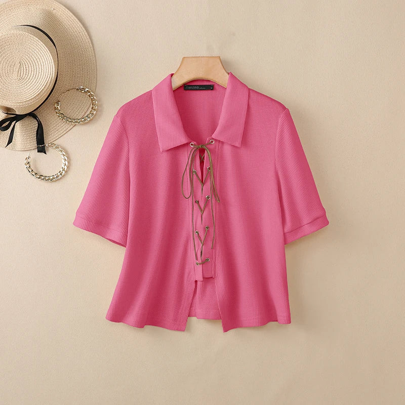 ZANZEA Women's Korean Elegant Waffle Shirt Turn-Down Collar Lace-Up Front Short Sleeve Tops Summer Casual Loose Chemises Femme