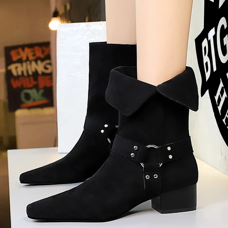 BIGTREE Shoes Women Mid-Calf Boots Retro Style Western Boots Square Head Belt Buckle Women Boots Suede Thick Heel Autumn Boots