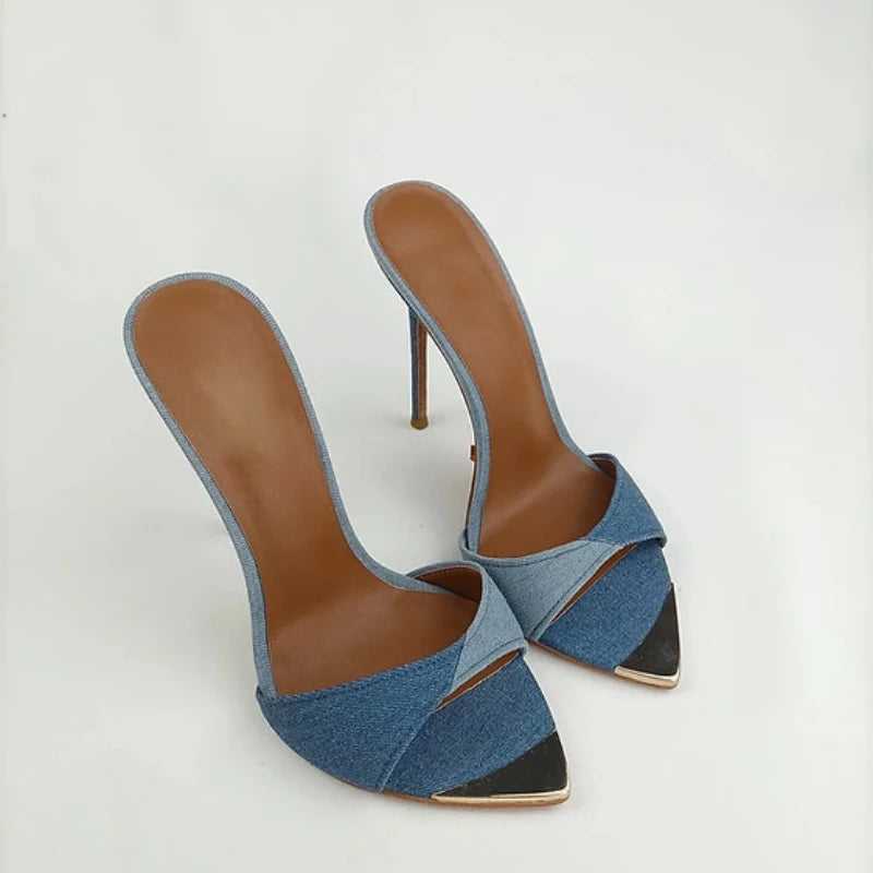 Denim Women Slippers Metal Decoration Pointed Toe Mules Shoes Women Super-high Heel Gladiator Sandals Sexy Luxury Women's Shoes