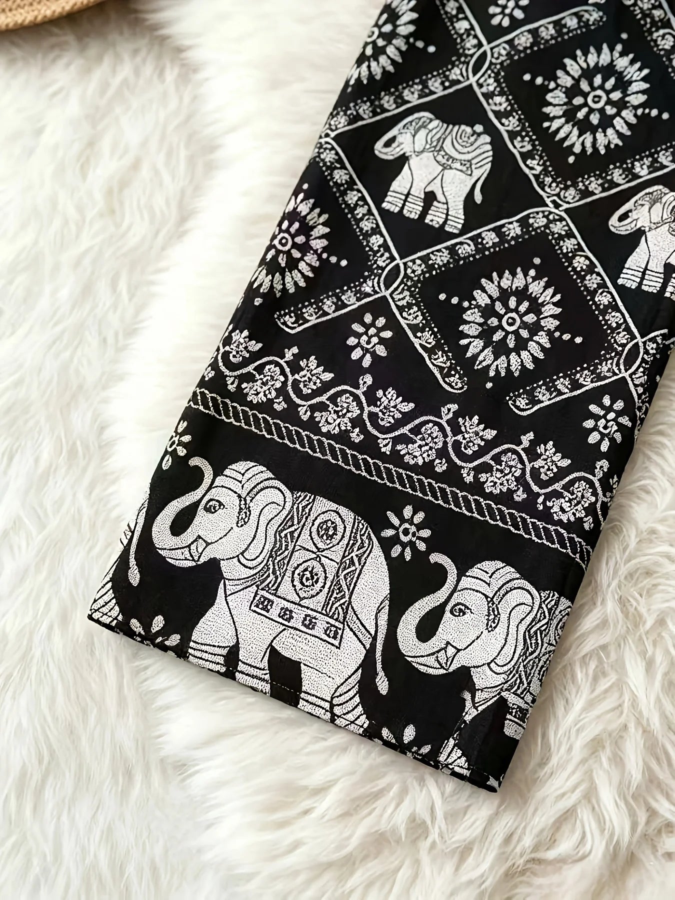 Black & White Elephant Print Tie-Waist Wide Leg Pants, Ethnic Style, Vacation Casual Trousers
