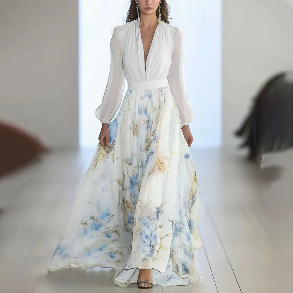 Fashion Floral Print Patchwork Bohemian Dress Woman 2025 Sexy V Neck Hollow Long Dresses Long Sleeve Puff Loose Maxi Dress