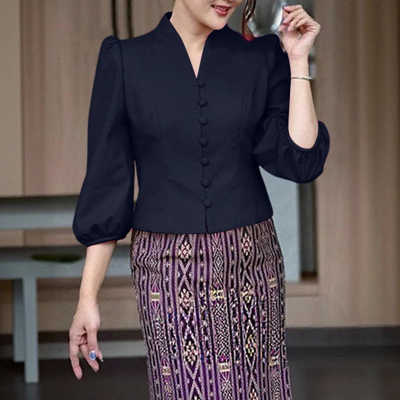 ZANZEA Women's Elegant Princess Seams Short Shirts V-Neck 3/4 Puff Sleeve Button Up Solid Color Tops Classy Party Woman Clothes
