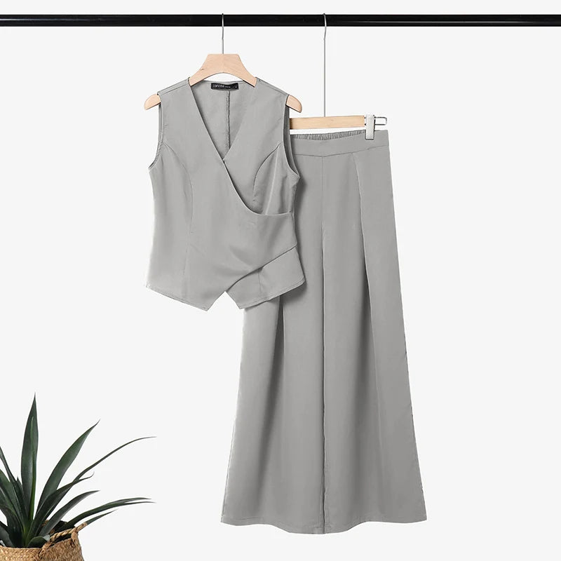 ZANZEA Women Casual Chic 2-Piece Pant Sets Sleeveless Wrapped Tops & Wide Leg Pants Matching Sets Office Lady Work Wear Co-ords
