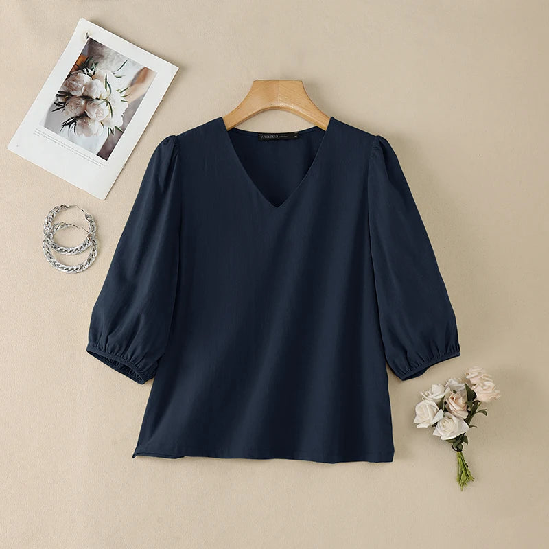 ZANZEA Women's Cotton Linen Breathable Blouses Casual V-Neck 3/4 Lantern Sleeves Solid Color Tops Everyday Wear Blusas de Mujer