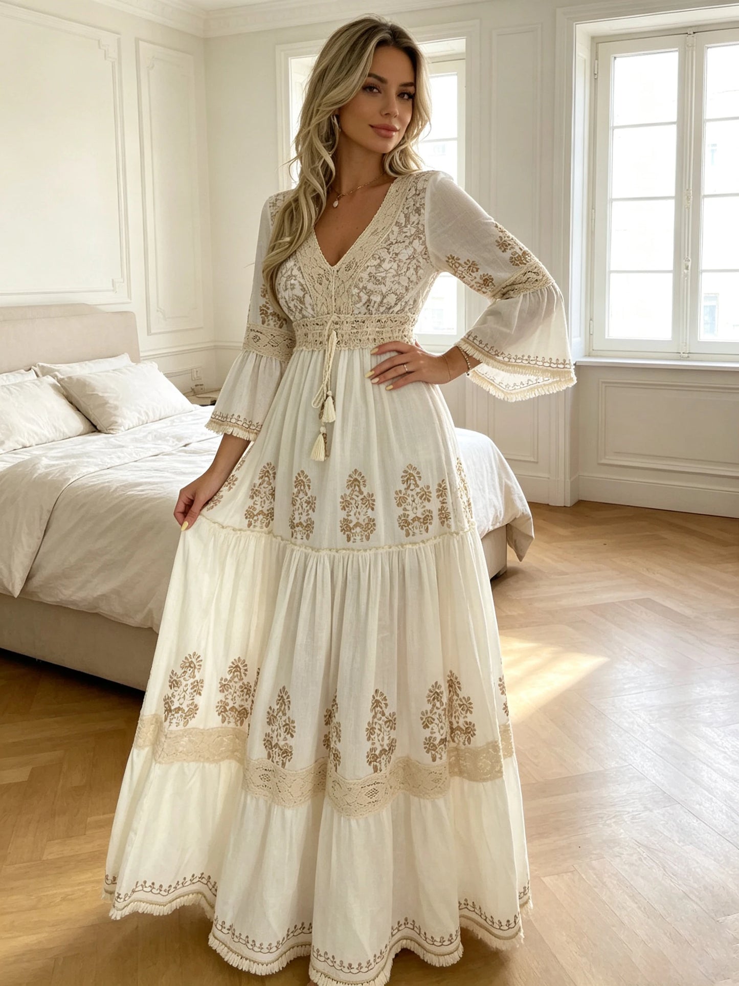 2026 Long Dress Women Summer Boho Floral Print V-Neck Dresses Female Beach Holiday Flowy Dress Ladies Elegant Vintage Vestidos