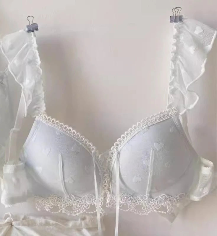 Japanese Kawaii Lingerie Set Small Chest, Sweet Heart Print Wireless Bralette & Panty Set Comfortable Anti-Sagging Bra for Women