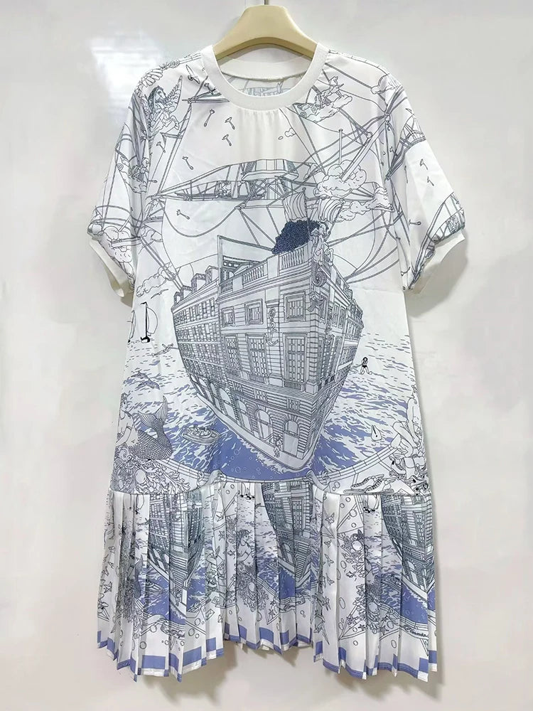 Retro geometric print round neck pullover dress 2026 summer women's T-shirt skirt fashionable loose oversized puffy skirt