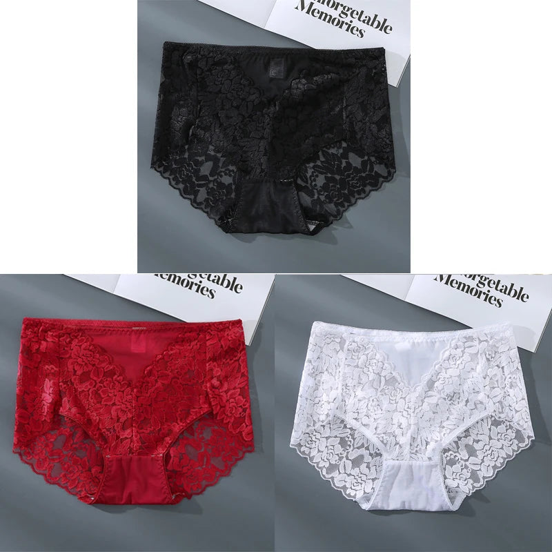 Women's High Waist Lace Shorts, Sexy Breathable Super Stretchy Underwear, Solid Color Fashion Women's Clothing, 3 Pieces